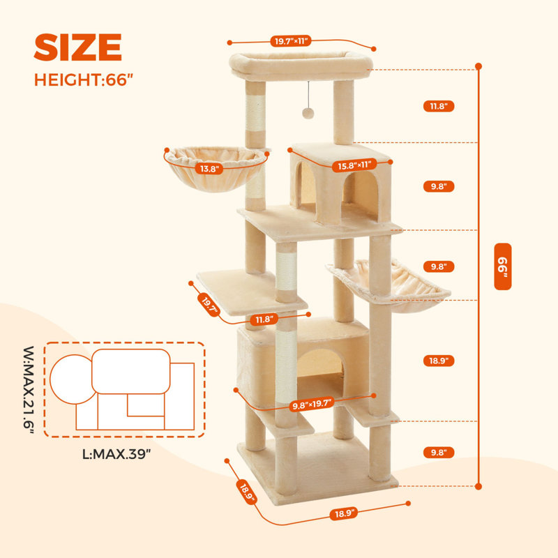 Beige 66" Sisal-Covered Cat Tower with Hammock and Condos