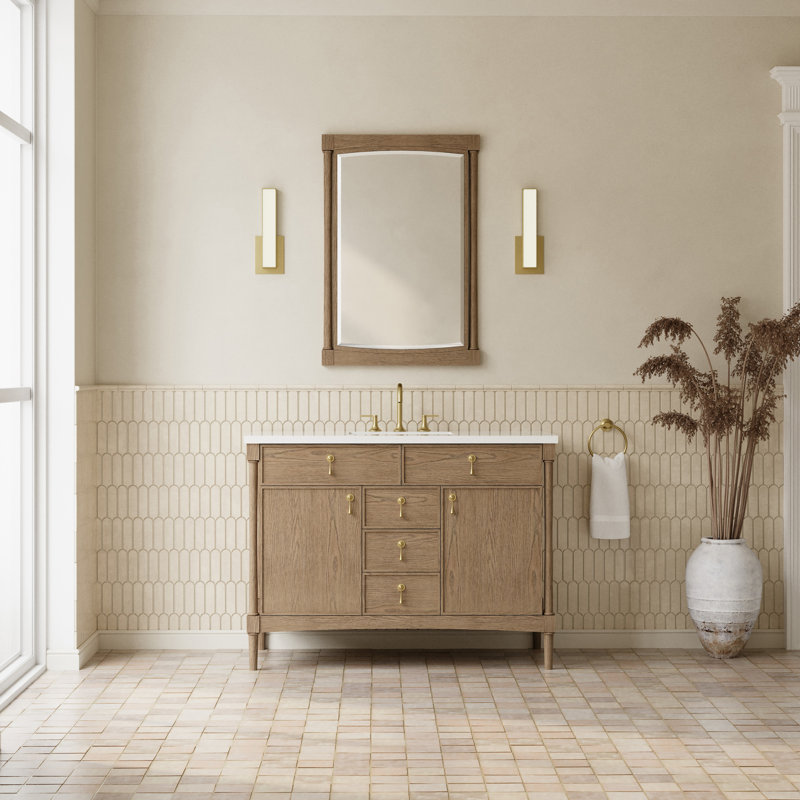Kinnsden 48" W Single Vanity, White Zeus Silestone, 8" Widespread, Weathered Oak