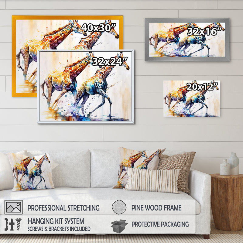 Girafes qui courent - Art sur toile girafe, H 16 po x l 32 po x P 1 po, Cadre flottant érable