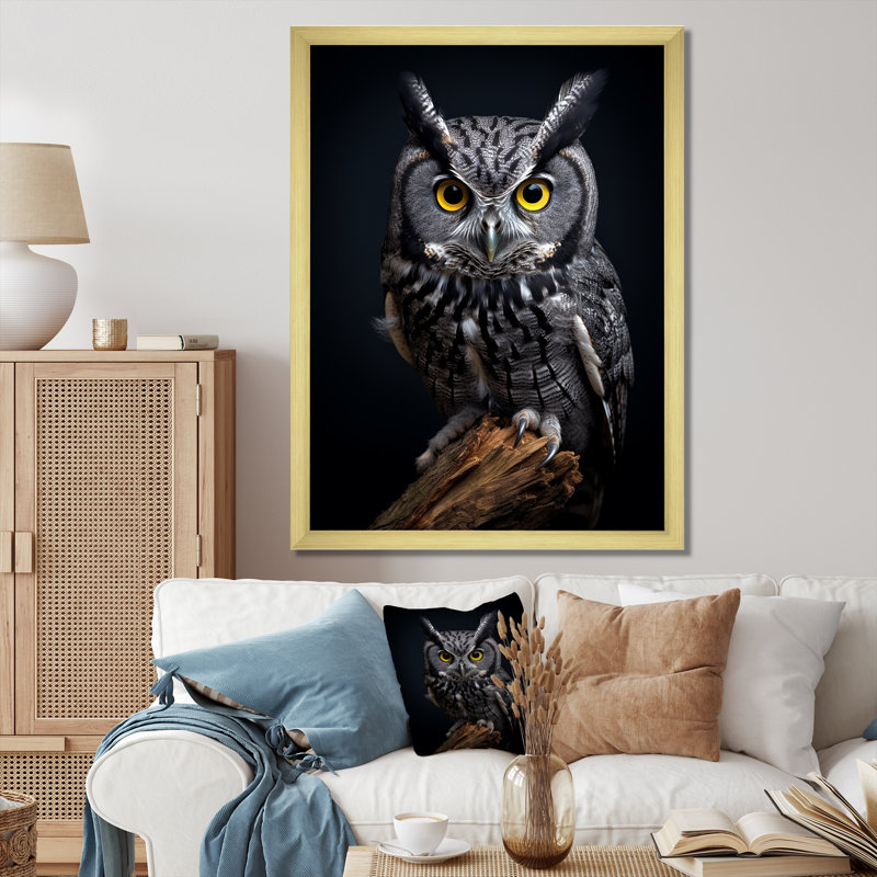 «Black», Curious Eyes Owl II - impression d'art mural hibou, H 32 po x l 24 po x P 1 po, Cadre flottant doré