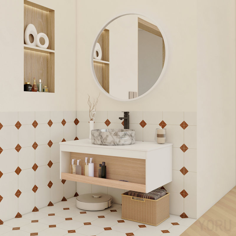 Meuble-lavabo flottant de 36 po avec lavabo vasque en marbre veiné gris, meuble-lavabo mural avec tablette ouverte, finition blanche avec décor en bois, conception moderne peu encombrante (livré dans 2 boîtes)