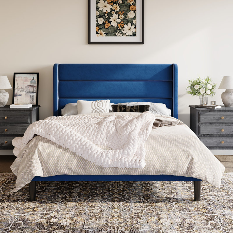 Lit plateforme tapissier Modern, Bleu, Grand
