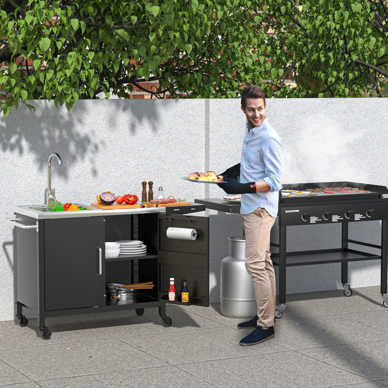 Black Metal Outdoor Grill Table with Stainless Steel Sink