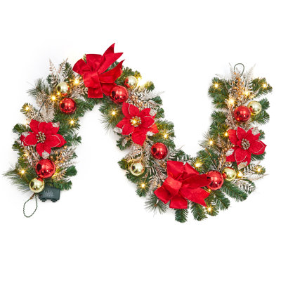 6 Feet Christmas Garland with Lights for Mantle, Battery Operated Outdoor Christmas Garlands with Timer & Red Poinsettia Flowers, Prelit Garland Decorations for Fireplace Stair Railing TV Stand