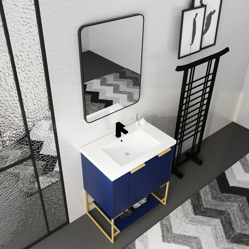 Meuble-lavabo autoportant avec lavabo en résine, Or, Bleu marine