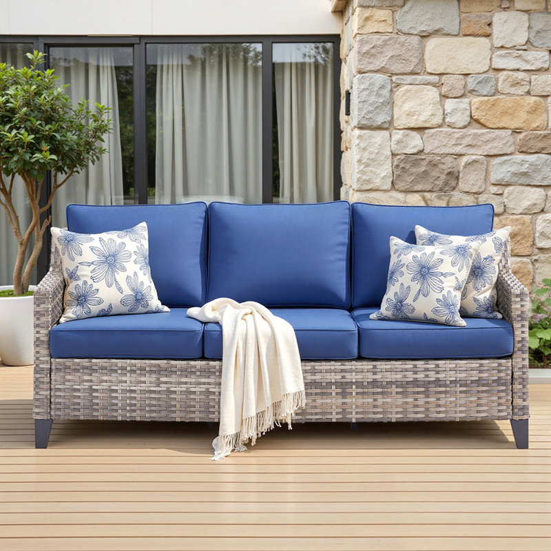 73.2" Outdoor Patio Sofa, 3-Seat Gray Rattan Couch With Blue Cushions Ideal For Balcony Or Porch