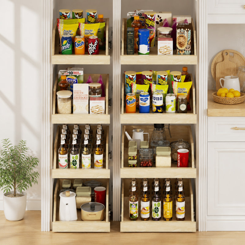 Étagère de rangement coulissante en bois avec rails à pleine extension et fermeture rigide, conception à grands tiroirs, convenant aux armoires de cuisine et au garde-manger.