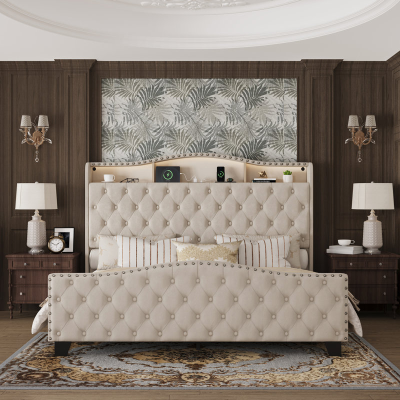 Lit plateforme capitonné capitonné avec lumière, Beige, King