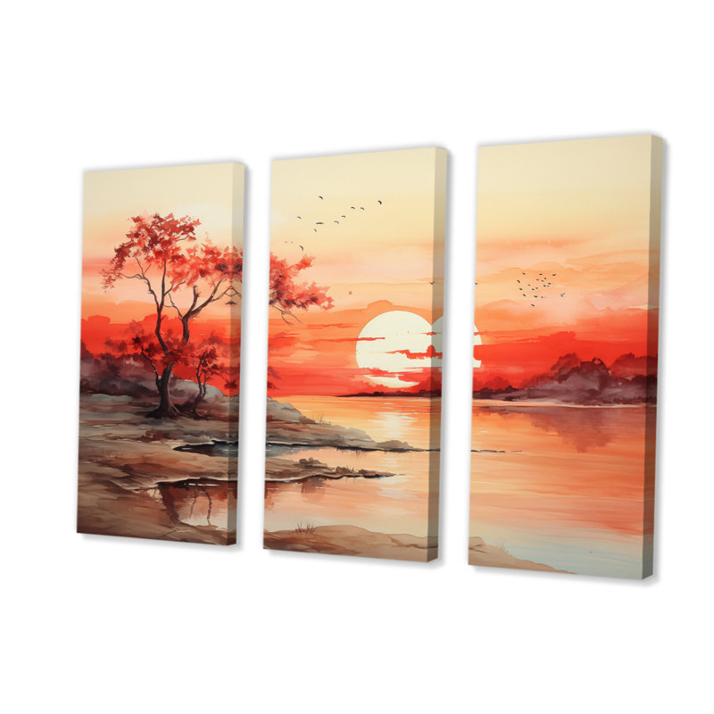 «Peach Brown Sunrise Splendor» sur toile, reproduction de 3 pièces, H 40 po x l 60 po x P 1 po