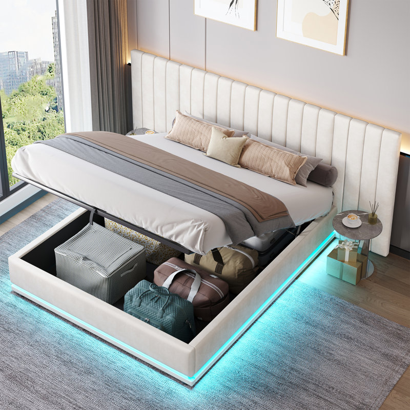 4ft6 Ottoman Bed With Led, Beige, Double (4'6)
