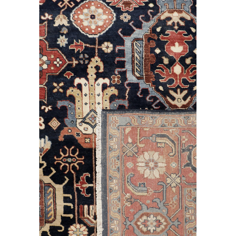 Azerbaijan Hand Knotted Wool Oriental Area Rug in Navy / Rust, Rectangle 7'9" x 10'3"