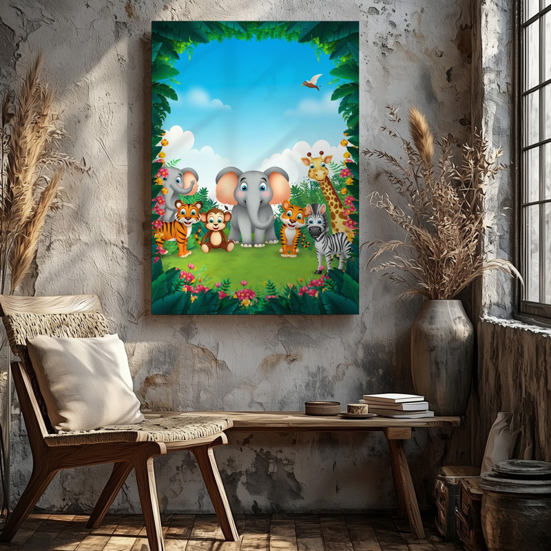 Toile, scène de jungle animée et animée avec une variété d'art mural adorable comprenant deux éléphants joyeux
