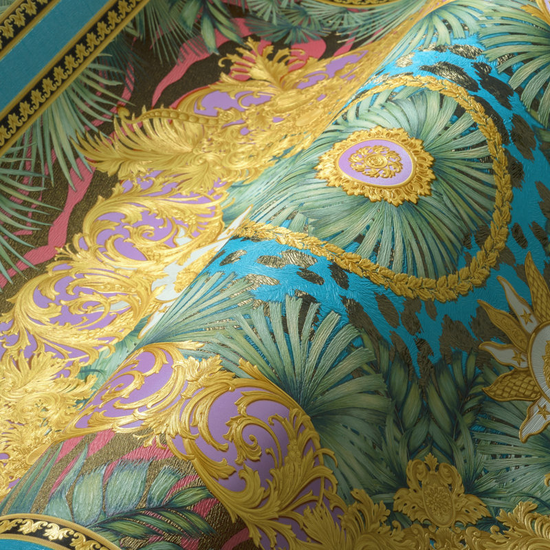 Versace Heartthrob Mirage Unpasted Vinyl Wallpaper, Gold/Blue/Green/Pink