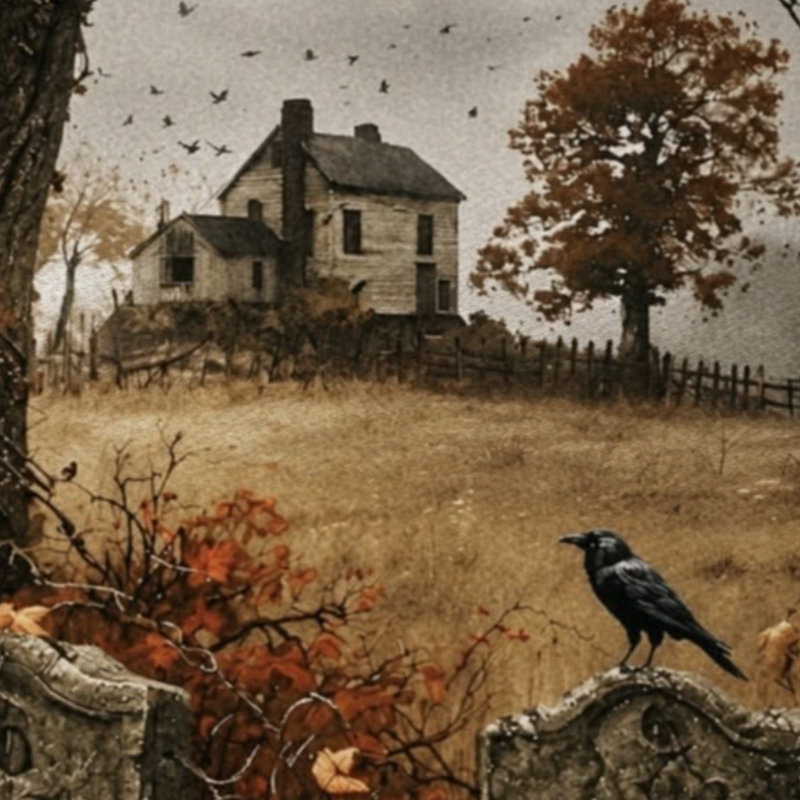 " Crows Perched On Tombstones Beside A Bare Tree "