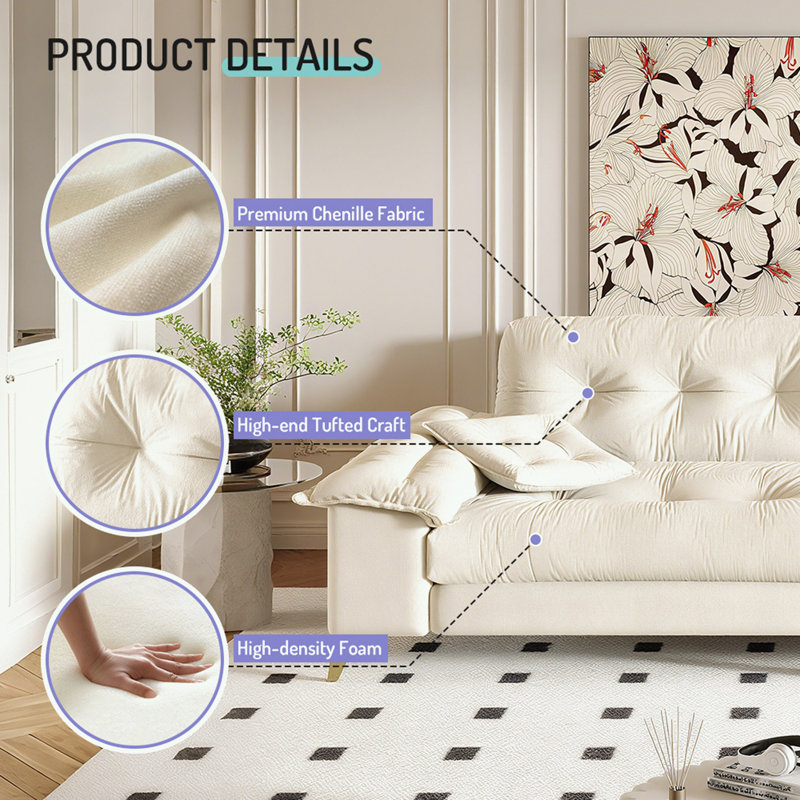 Canapé en chenille avec larges accoudoirs amovibles et 2 coussins, Beige