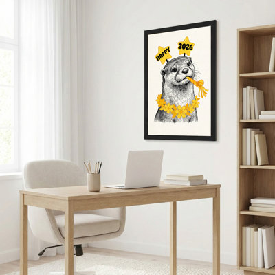 Ensemble de 1 tableau sur toile tendue représentant une loutre avec des étoiles « Bonne année 2026 » et des fleurs jaunes.