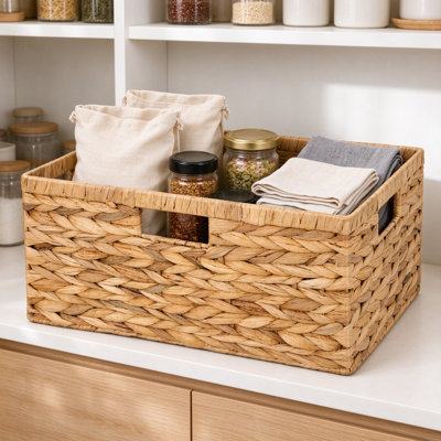 Handwoven Wicker Storage Basket for Shelves, Natural Water Hyacinth with Sturdy Iron Frame and Built-In Handles, Rustic Home Organizer for Towels, Blankets, Toys, and Pantry Items