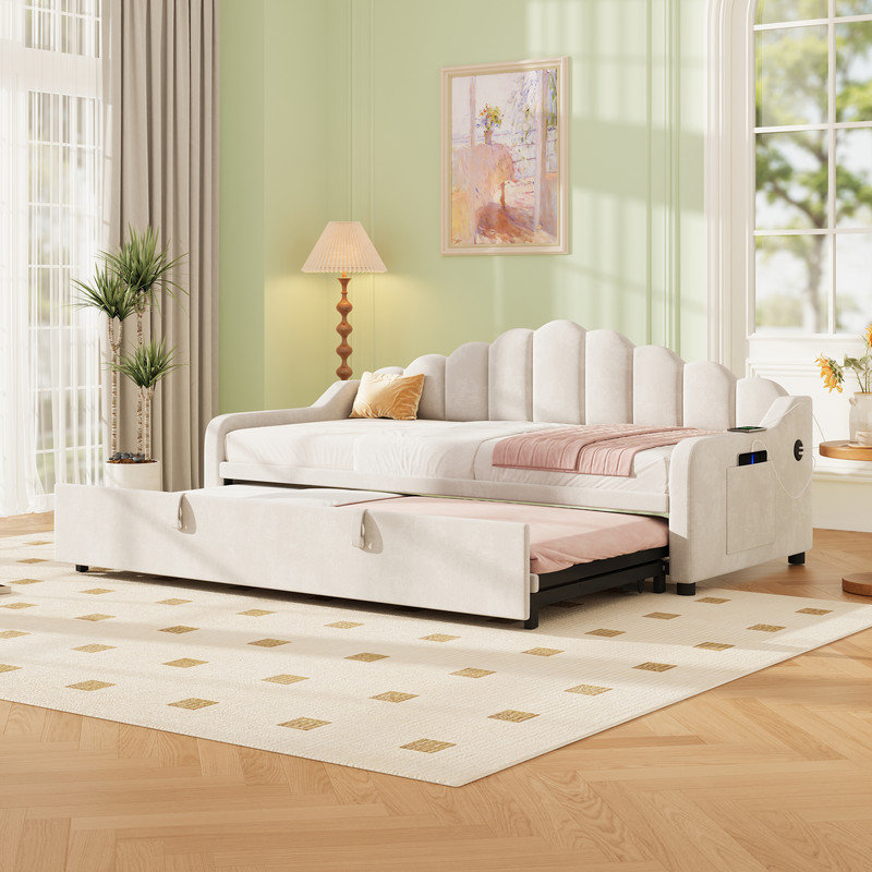 Beige/Pink Velvet Daybed with Pull-out Trundle & Charging Station