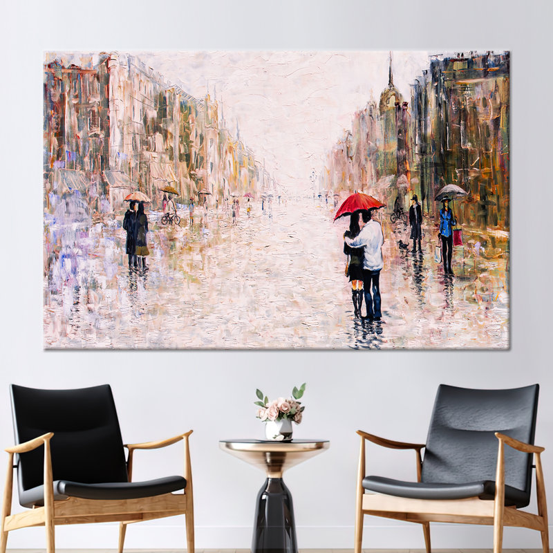 Cadeau de la Saint-Valentin - Paysage de ville romantique avec toile sur le thème du couple de parapluies, H 20 po x l 28 po