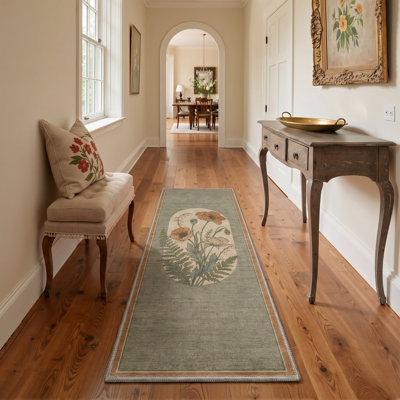 Tapis de couloir floral vert / beige lavable à la machine avec envers antidérapant
