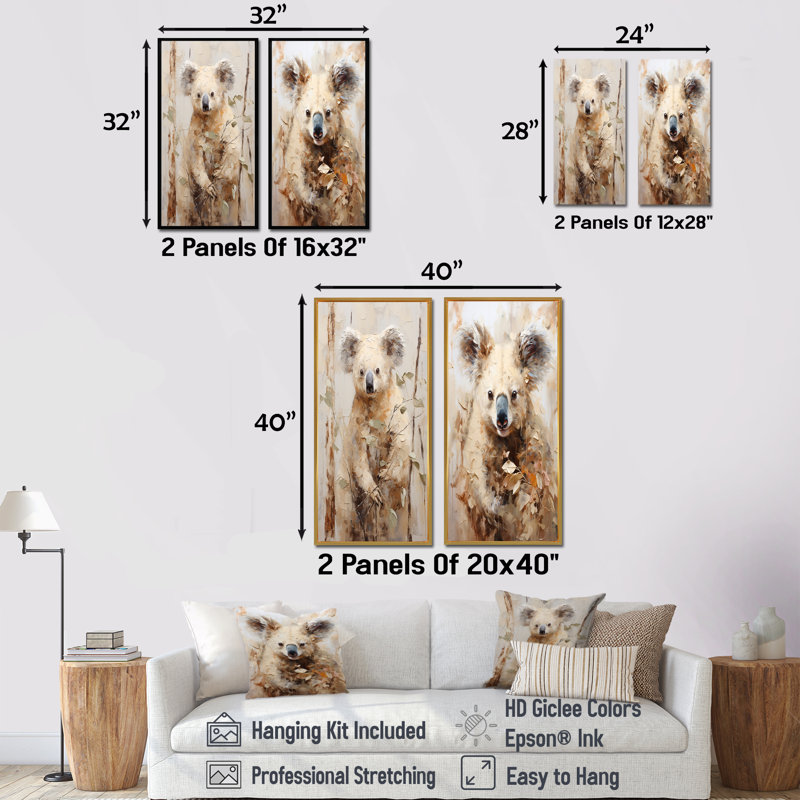 Koala en peluche grimpant - ensemble de 2 impressions sur toile koala, Toile tendue, H 32 po x l 33 po