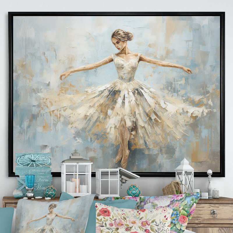 Beige doré minimalisme ballerine - ballet, art mural, H 34 po x l 44 po x P 1,5 po, Cadre flottant noir