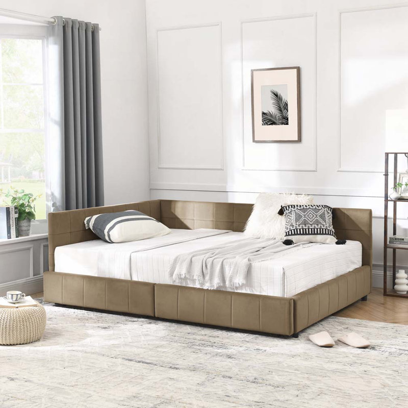 Lit de jour en velours avec rangement, Complet/Double, Brun