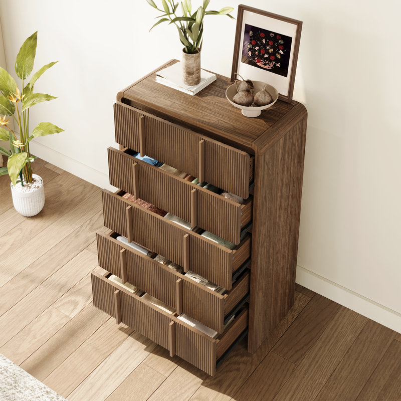 Ensemble de chambre à coucher 4 pièces à grain de bois moderne avec lit plateforme, commode à 5 tiroirs et table de chevet * 2, double, brun