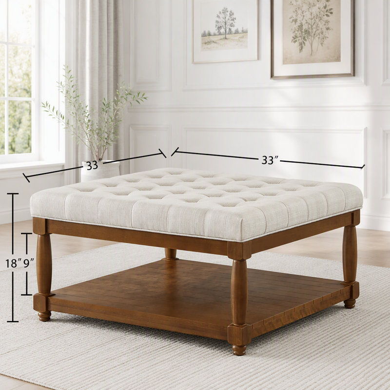 Table basse ottomane carrée en lin capitonné, 45.1 lbs Ivory Linen Blend