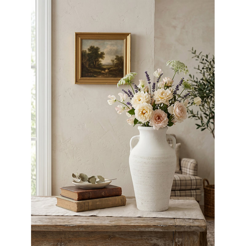 Grand vase rustique en terre cuite blanc avec poignées D7,9x13,4 "