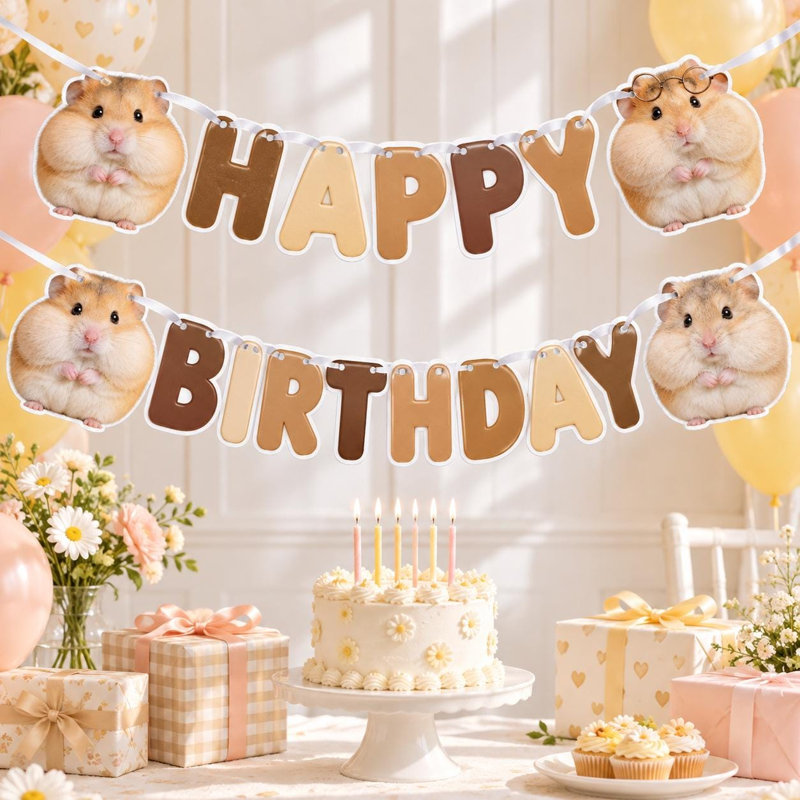 Squishy Style Hamster Birthday Banner, Chubby Cheek Happy Birthday Garland, Cardstock Pet Party Decor
