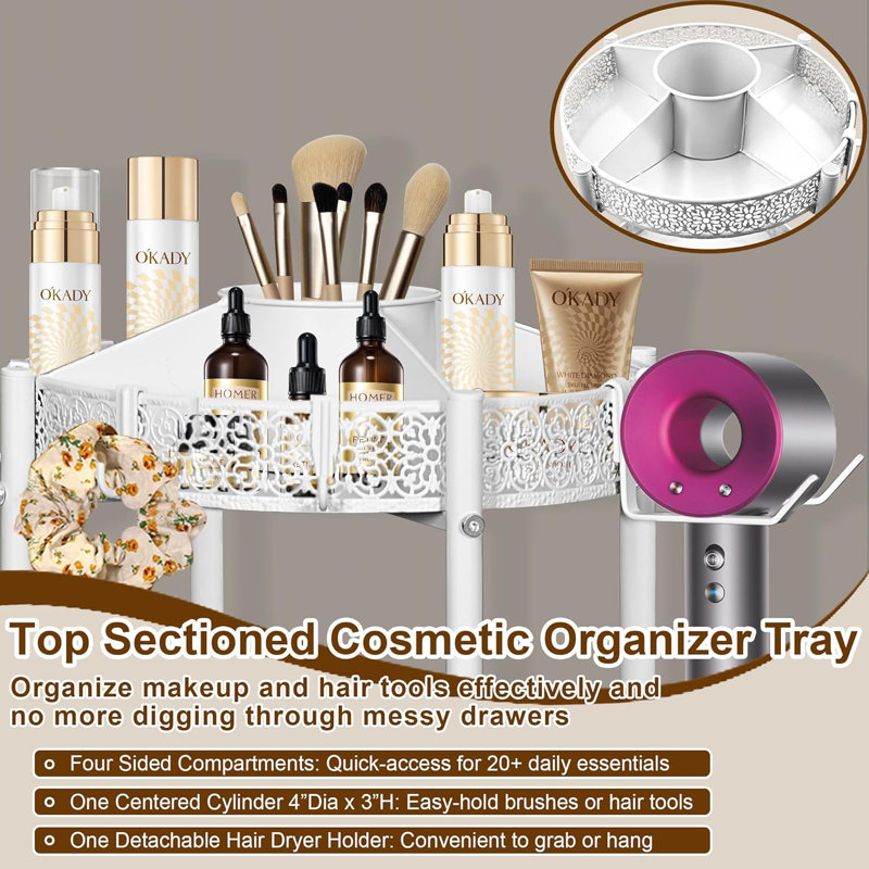 Chariot de maquillage à 3 niveaux avec support pour sèche-cheveux - Organisateur de cosmétiques de qualité salon, chariot de rangement pour salle de bain mobile, produits de maquillage essentiels
