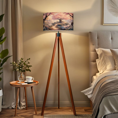  Tripod Standing Lamp Cherry Blossom Garden Landscape Stone Bridge Fairy Lanterns Magical Remote Controlled Dimmable LED Floor Lamp with Beech Wood Legs & Detachable Linen Shade for Farmhouse Apartment Living Room and Bedroom