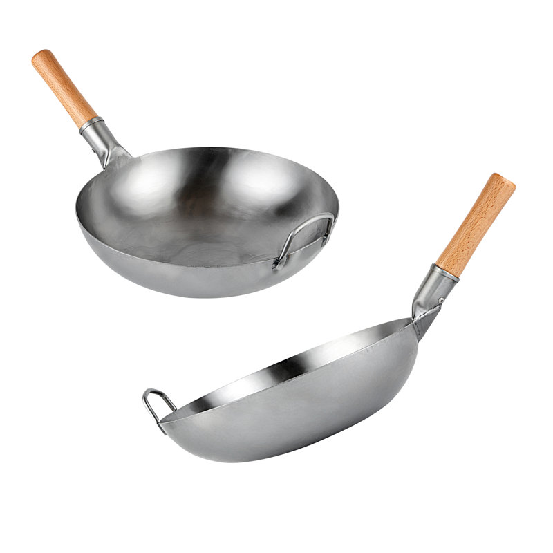 Wok en acier au carbone pour restaurant 10 pièces de 14 pouces en acier inoxydable martelé à la main Poignée en acier à manœuvre efficace de distribution uniforme de la chaleur