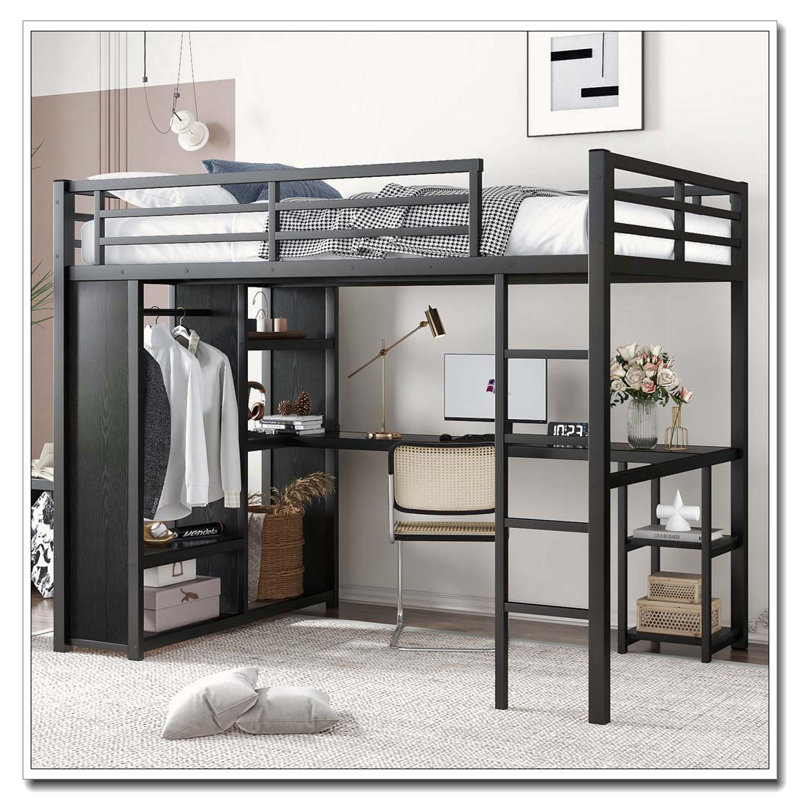 Loft Bed Frame with Built-in Wardrobe, Desk and Storage Shelves, Full