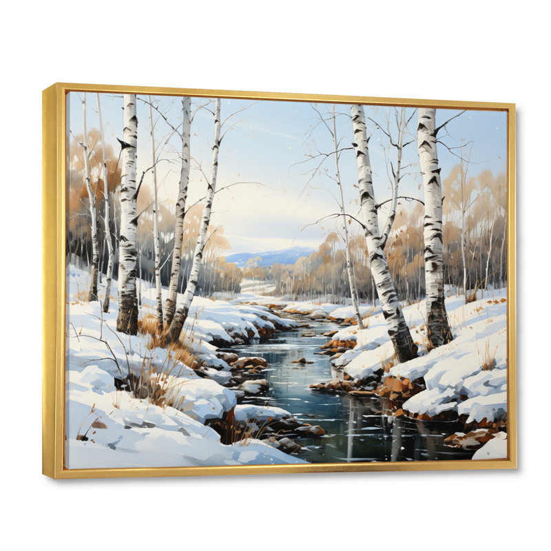 Birch Woods Winter Whispers I - impression sur toile de bouleau, H 34 po x l 44 po x P 1,5 po, Cadre flottant doré