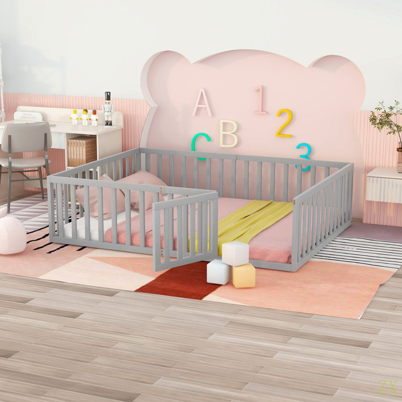 Structure de lit pour grand lit en bois avec clôture et porte, Grand lit, Gris