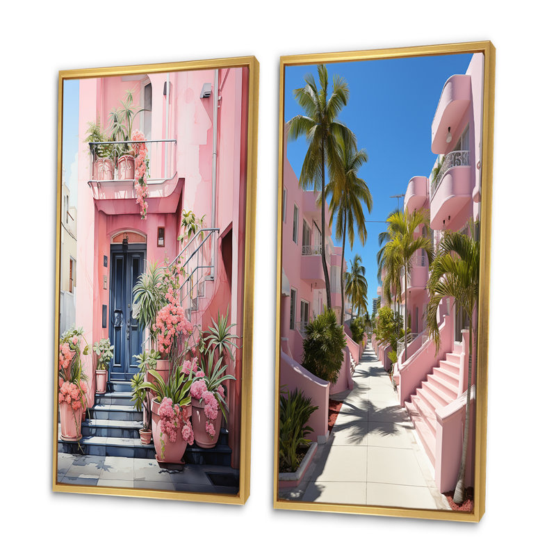 «Pink Miami Artful Facades», 2 pièces roses, Encadrement doré, H 40 po x l 40 po