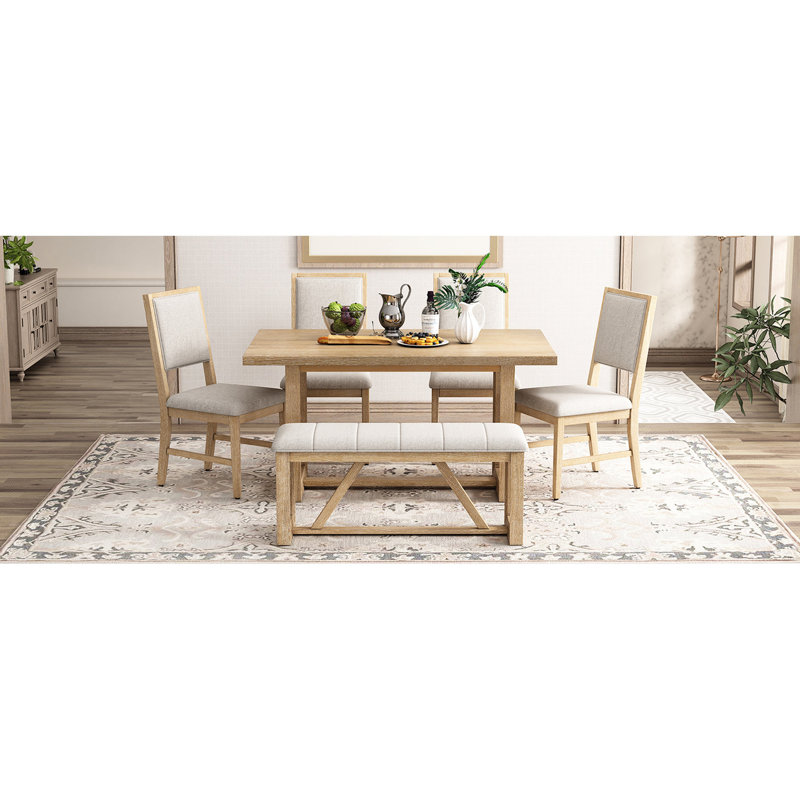 Table de salle à manger élégante Elegant Natural avec 4 chaises rembourrées et 1 banc pour votre siège rembourré rectangulaire