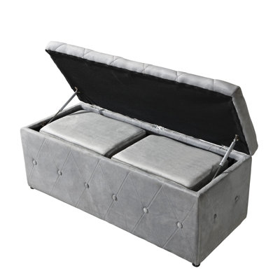 1 Piece Rectangular Storage Ottoman Short Velvet With 2 Set Ottomans (Light Gray)