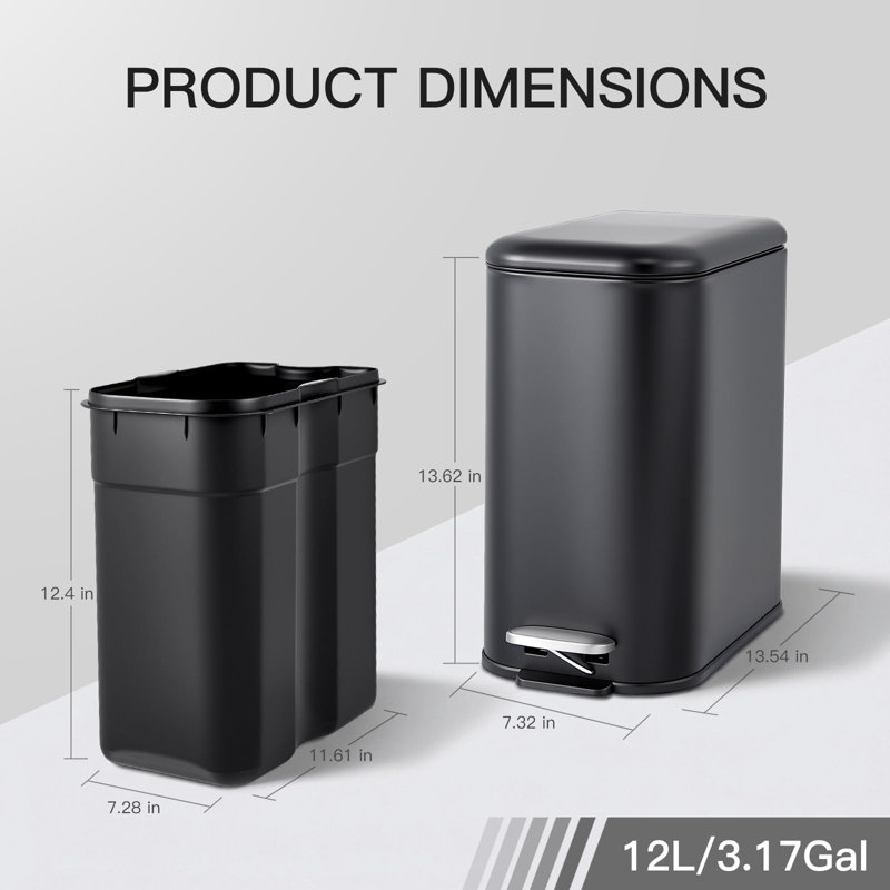 Poubelle avec couvercle et seau amovible pour la maison et le bureau, 3.2 Gallons, Noir