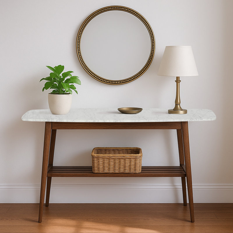 Beppe 43" Rectangular Italian Carrara White Marble Console Table With Walnut Shelf