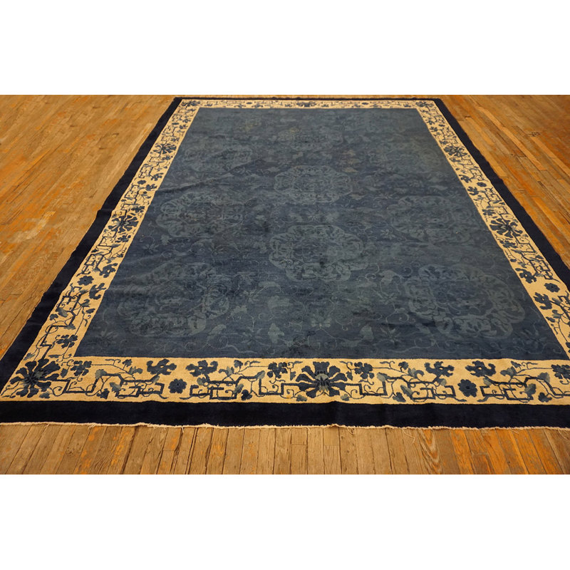 Blue Rectangle Chinese - Peking Room Size Antique Knotted Wool 1930s Rug