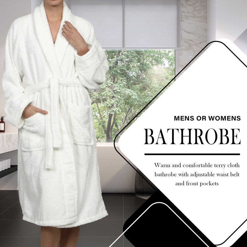 Cotton Terry Cloth Mid-Calf Bathrobe with Pockets, White, L