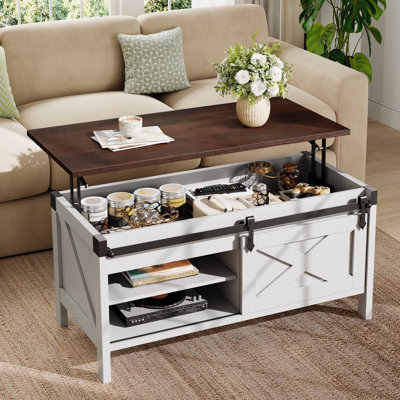Wynny Lift-Top Coffee Table With Storage, 39.4" Farmhouse Wood Coffee Table With Removable Shelf, Sliding Barn Door Square Coffee Table For Living Room