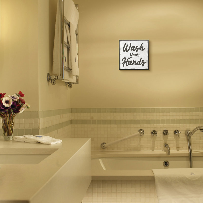 «Wash Your Hands Bathroom Neutral Gray Word Design», art textuel, Giclée encadrée noir minuit, H 12 po x l 12 po