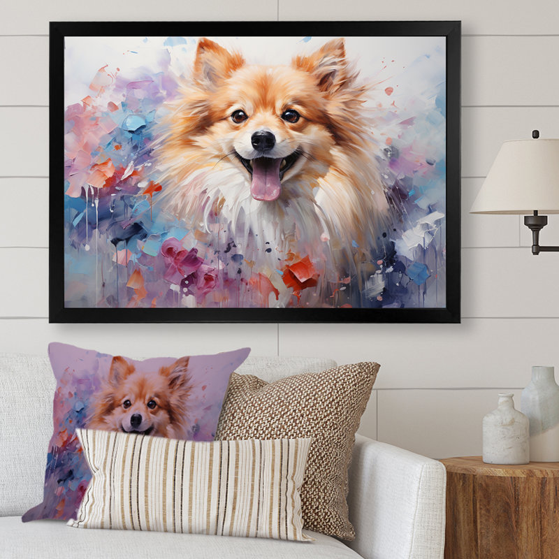 Poméranien Poise sur toile, Cadre d'angle fermé noir, H 16 po x l 32 po x P 1 po