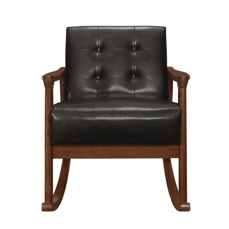 Chaise berçante en similicuir brun foncé avec structure en bois d'hévéa massif, fauteuil d'appoint Mid-Century moderne capitonné