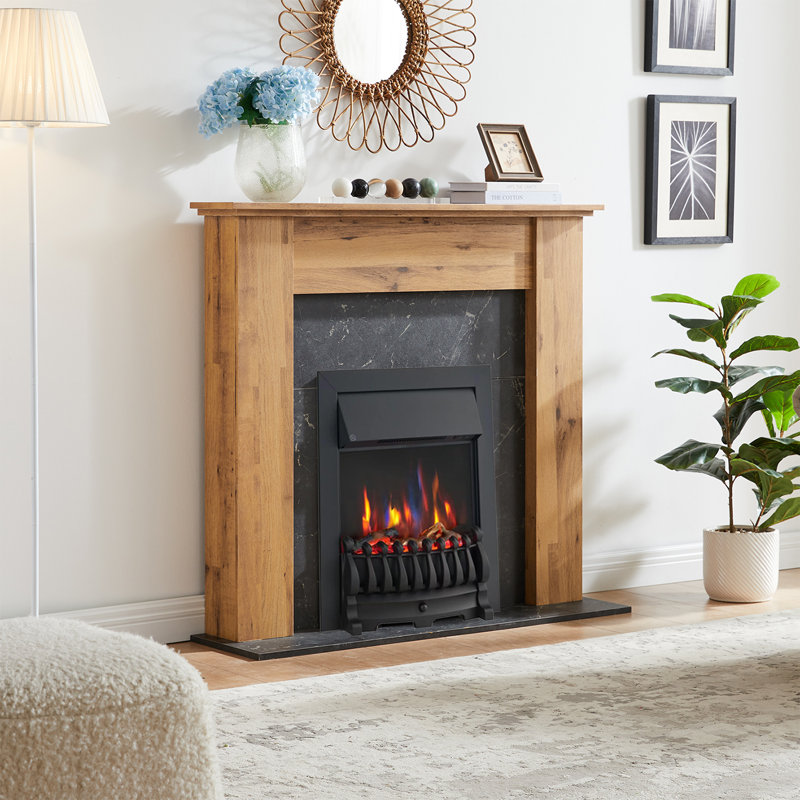 FLAMEKO Verona Electric Fireplace Insert, Logs and Black Chips Included 2kW Heater, Blenheim Fret, Remote, Black
