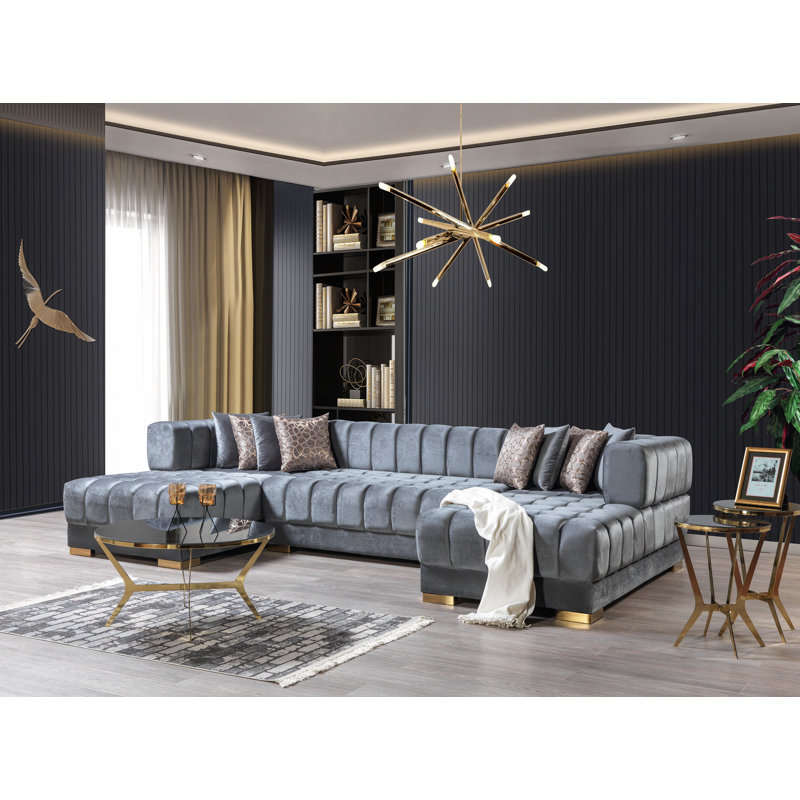 Ariana Velvet Double Chaise Sectional, Black Velvet